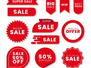 Set of vector red starburst, sunburst badges. Simple flat style vintage labels, stickers with sale discount text. Sale quality tags and labels. Template banner shopping badges