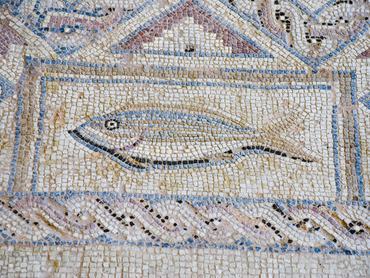 A Roman mosaic showing a fish on the island of Cyprus. The mosaic is on a ancient site believed to be over 2000 years old.