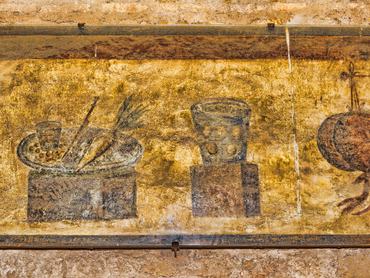 Interior of the Caseggiato del Termopolio : Decorative still life fresco - Ostia Antica - Rome , Italy