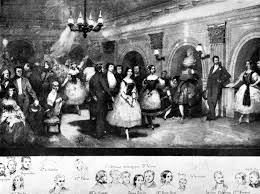 Eugene Lami litográfiája a híres balerinákról és mecénásaikról a régi párizsi opera Foyer de la Danse-jában, 1841