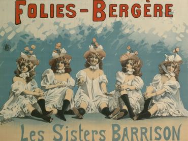 A Folies-Bergère plakátja a Barrison-nővérekről: kékes háttér előtt öt fehér ruhába öltözött, szőke nő rajza