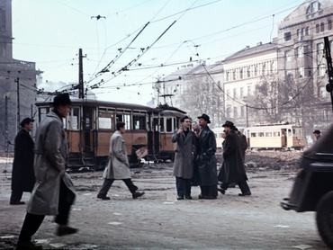 Budapest, Kálvin tér, balra a református templom, 1956.