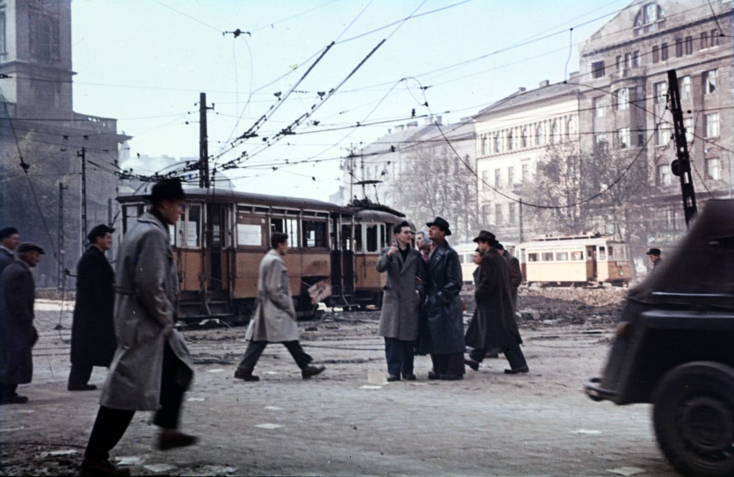 Budapest, Kálvin tér, balra a református templom, 1956.