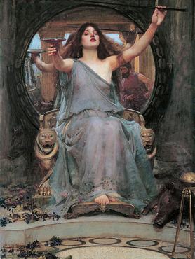 John William Waterhouse festménye Kirkéről, aki szürke ruhában egy serleget tart a kezében