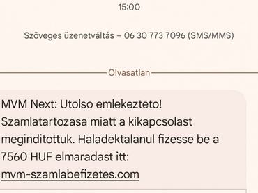Egy csaló, átverős SMS képernyőképe, amelyet az MVM nevében küldtek