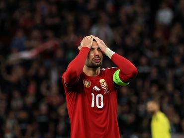 Szoboszlai Dominik, a magyar válogatott csapatkapitánya reagál a 2026. június 5-én a budapesti Puskás Arénában rendezett nemzetközi barátságos mérkőzésen. (Fotó: Pal Gollner/NurPhoto, Getty Images)