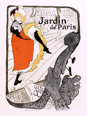 Henri de Toulouse-Lautrec egyik plakátja: Jane Avril piros szoknyában kánkánt táncol