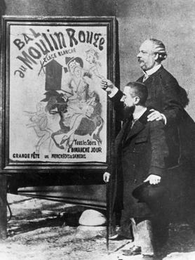 Henri de Toulouse-Lautrec a Moulin Rouge igazgatója társaságában, egyik plakátja előtt álldogál
