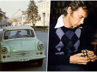 A két fotóból álló montázson egy Trabant 500-as autó Szombathelyen a Berzsenyi Dániel téren a Szily János (Alkotmány) utca felé nézve 1974-ben, valamint Rubik Ernő, a Rubik-kocka / bűvös kocka feltalálója 1980-ban.