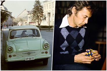 A két fotóból álló montázson egy Trabant 500-as autó Szombathelyen a Berzsenyi Dániel téren a Szily János (Alkotmány) utca felé nézve 1974-ben, valamint Rubik Ernő, a Rubik-kocka / bűvös kocka feltalálója 1980-ban.