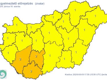 A Hungaromet veszélyjelzési térképe zivatar miatt